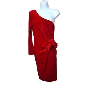 Vintage Day & Night 80s 90s‎ Red Velvet One Shoulder Midi Dress Size M